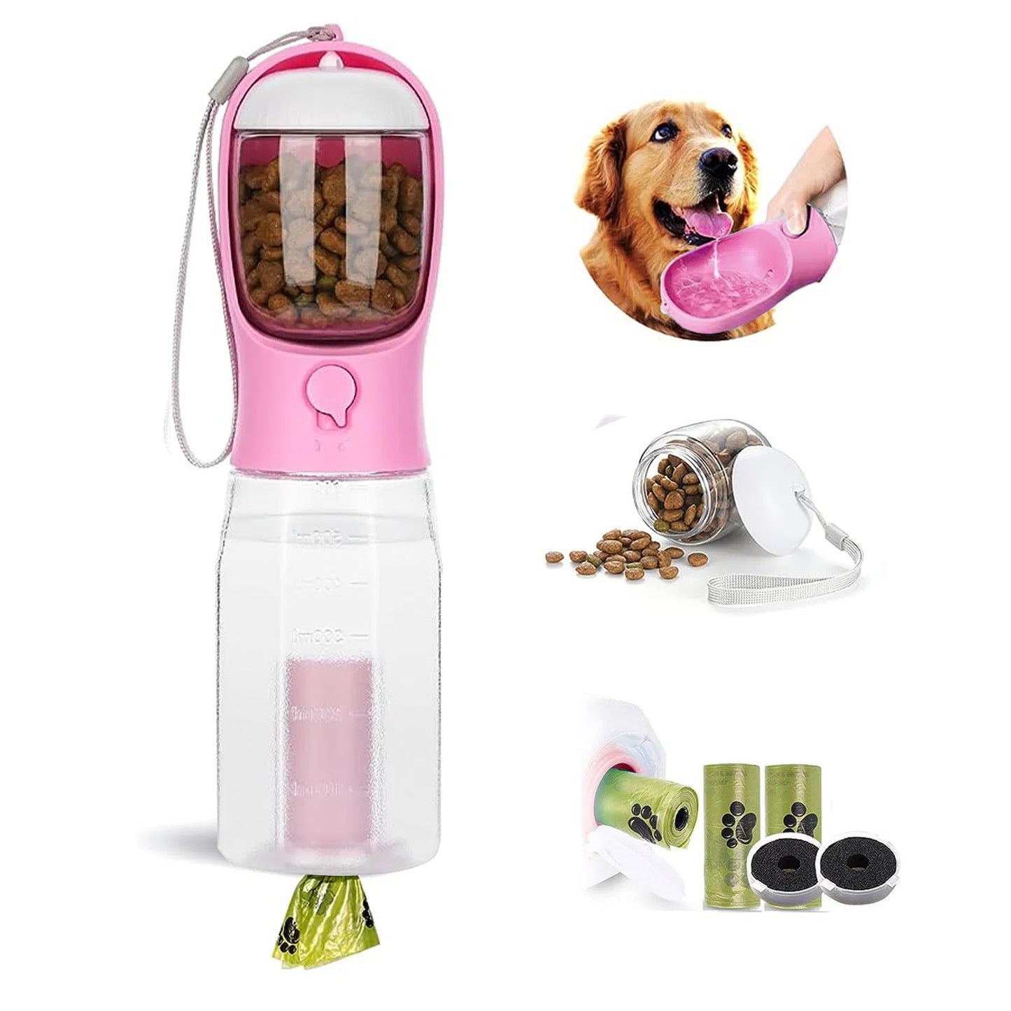 All-in-One Pet Travel Bottle – Water, Food & Poop Scoop in One